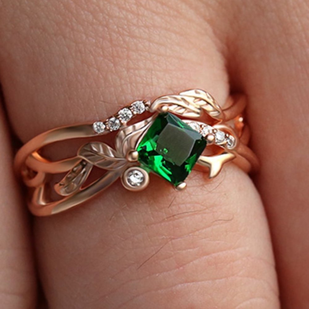 🍁 Emerald Green Stone Ring Rose Gold Plated Anelli Ring, GPMB1499